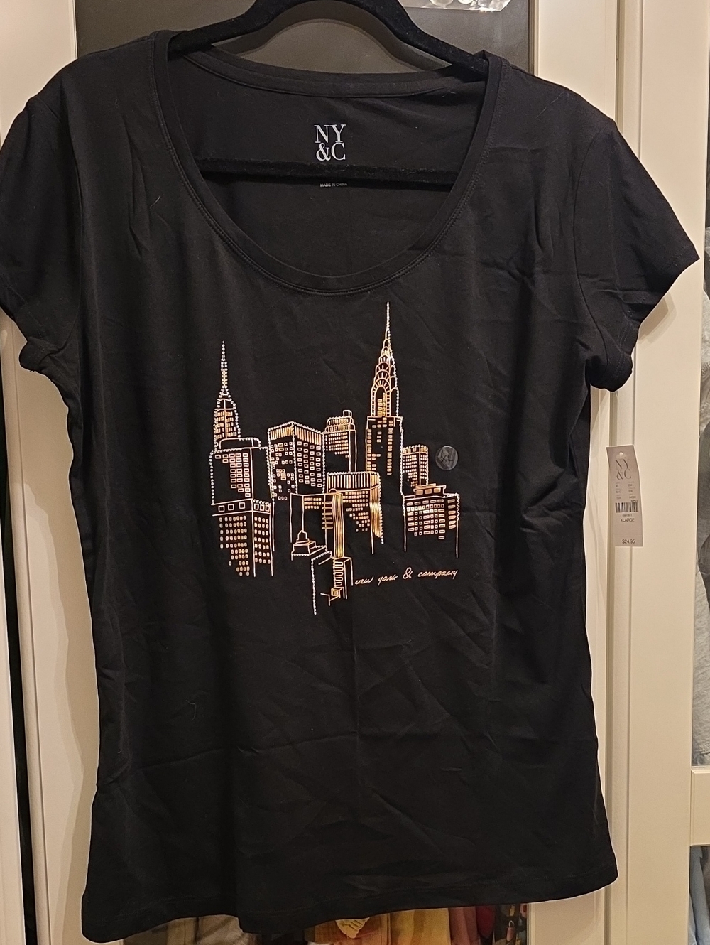 New York & Company Black Tee with Rose Gold Cityscape